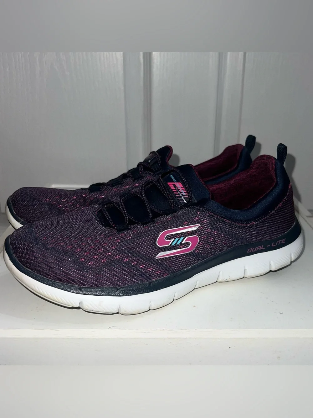 Skechers Women's Slip-On Dual-Lite Knit Sneakers in Navy and Pink